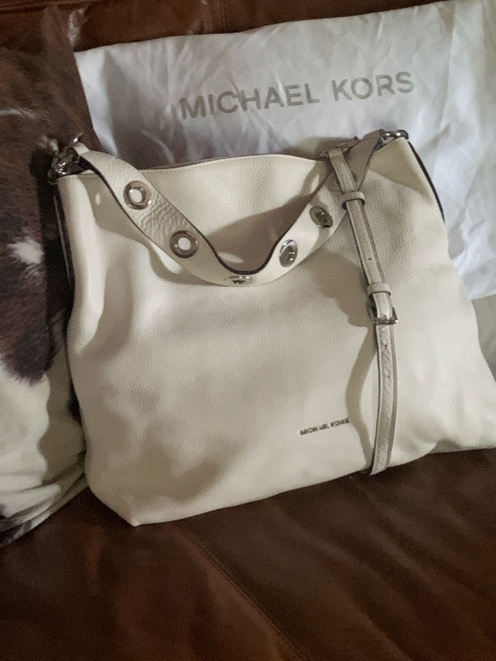 Michael Kors White Leather Studded Hobo Bag